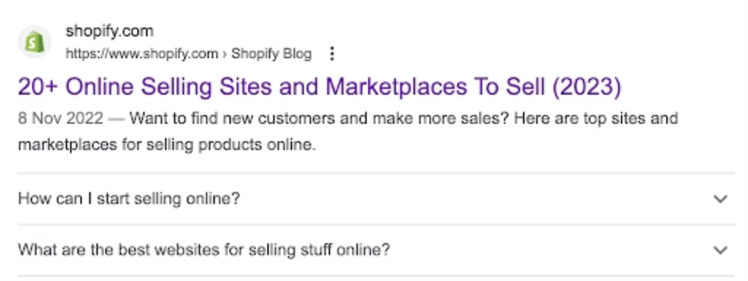 Shopify的一篇关于在线市场指南的文章通过Schema标记展示了问答部分的内容。