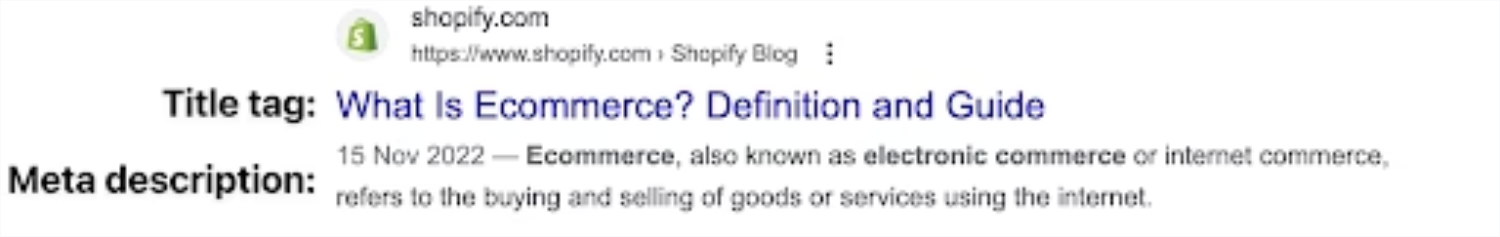 Shopify电商指南一文中标题和元描述的例子